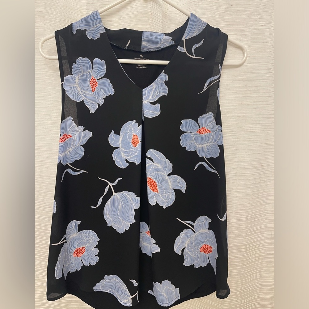 Worthington Black and Blue floral sleeveless blouse XS